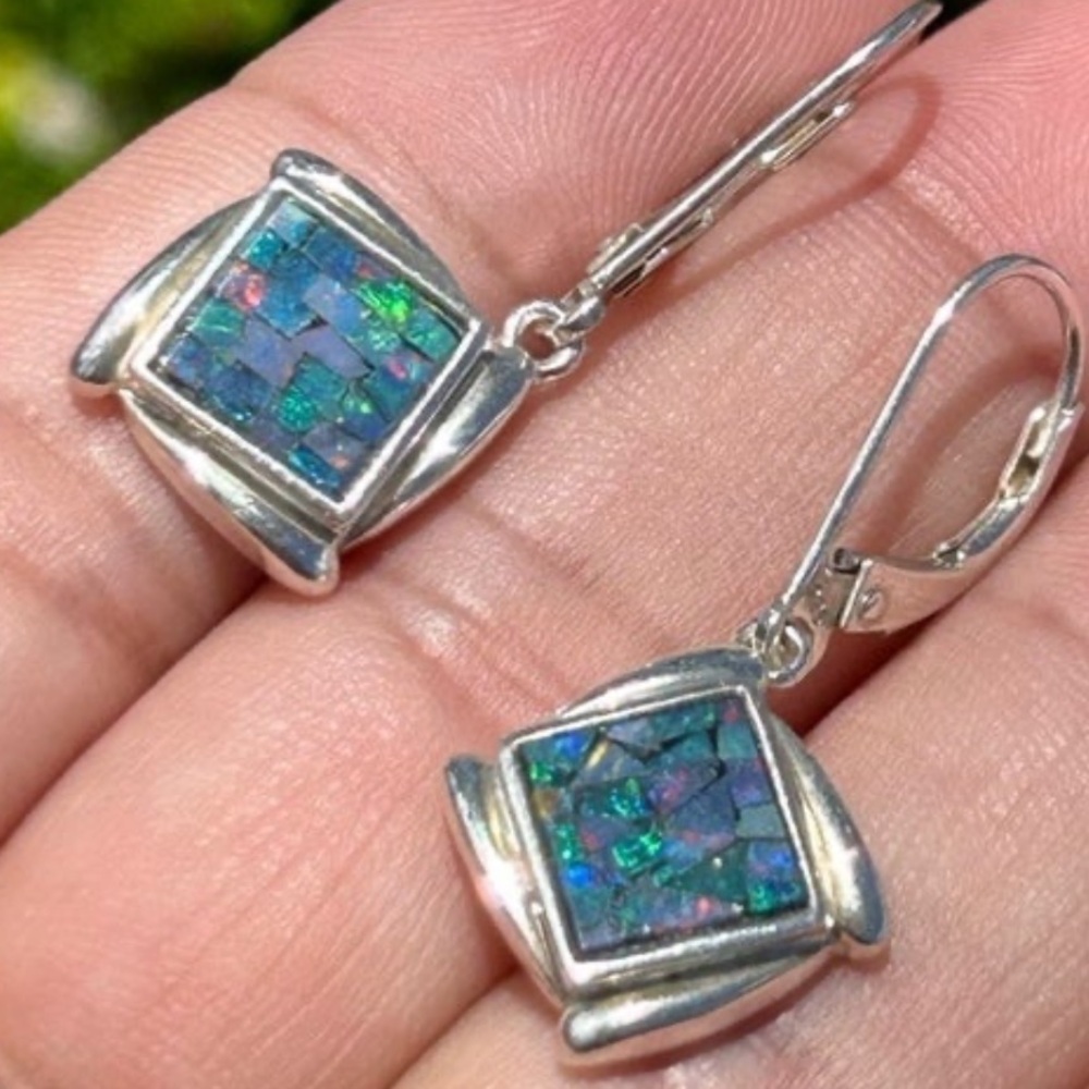 Vintage sterling silver Whitney Kelly Opal Mosaic square drop earrings - Picture 11 of 13